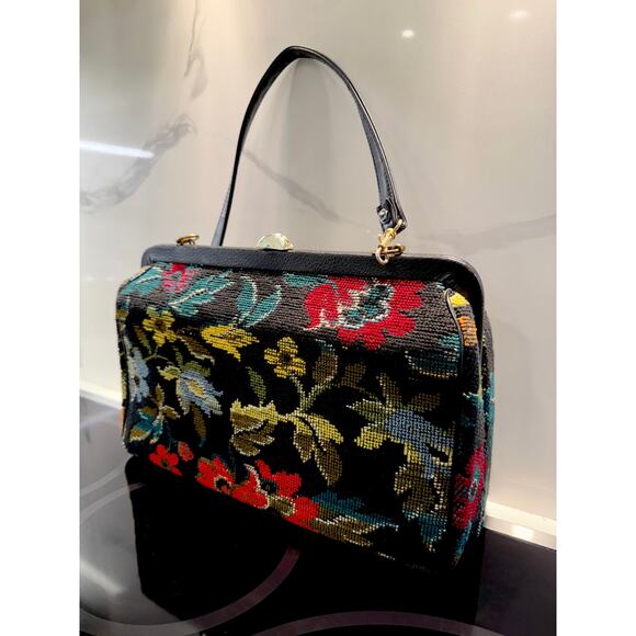 Vintage Carpet Bag Needlepoint Tapestry Structured Satchel Large Floral Black - Picture 3 of 15